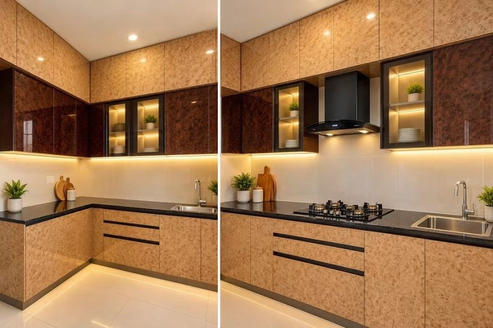 Two views of an L-shaped modular kitchen with high-gloss burl-wood shutters, lit glass display cabinets, a black chimney and a black granite counter