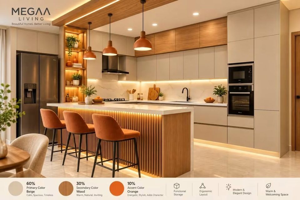 Kitchen with an island counter, fluted wooden base and orange bar stools, annotated with a 60-30-10 palette: beige 60 percent, wood 30 percent, orange 10 percent