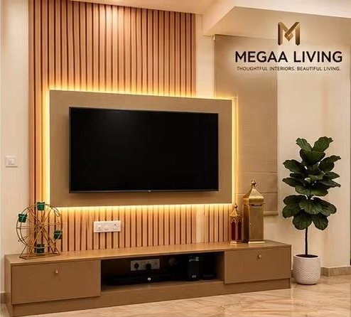 Backlit framed TV panel mounted over a fluted wooden wall above a floating console with drawers