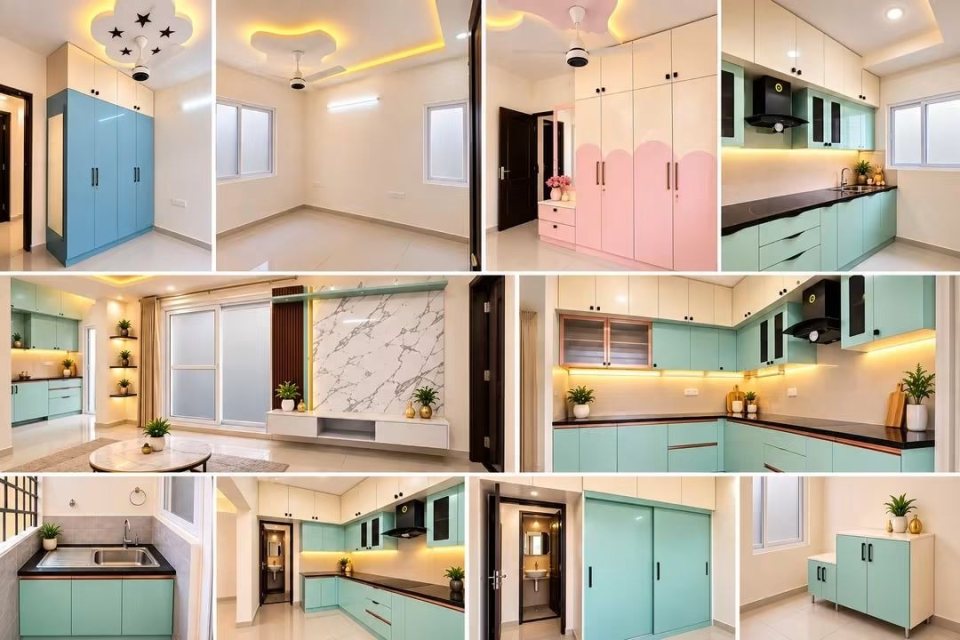 Collage of a home interior: pastel blue and pink wardrobes, a star-shaped ceiling feature, a mint-green modular kitchen, a marble-finish TV wall and utility storage