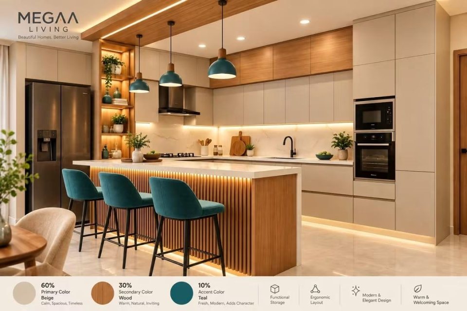 The same island kitchen with teal bar stools and pendants, annotated with a 60-30-10 palette: beige 60 percent, wood 30 percent, teal 10 percent