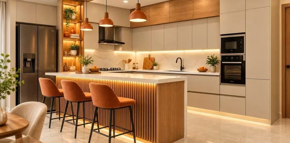 Open kitchen with an island on a fluted wooden base, terracotta pendant lights, orange bar stools and tall appliance units